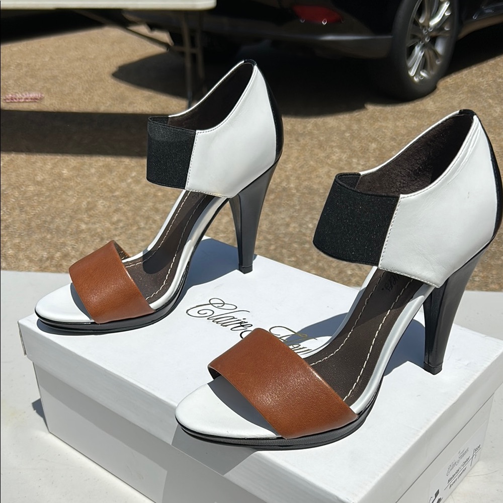 Sophisticated White and Brown Leather Heels